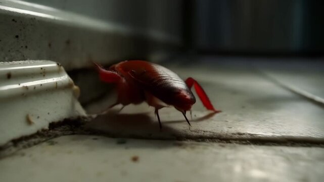 Cockroach Crawling on Kitchen Floor at Night