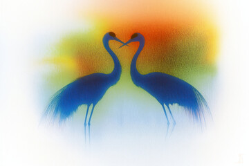 Fototapeta premium PNG Impression two Cranes silhouette illustration background vibrant.
