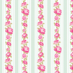 Obraz premium Soft green striped floral seamless pattern with roses and polka dots. Fresh vintage style perfect for fabric, wallpaper and cottage decor.