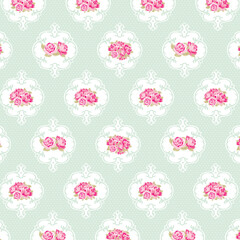 Ornamental floral frame seamless pattern with roses on mint polka dot background. Elegant vintage design ideal for wallpaper, stationery and home decor.