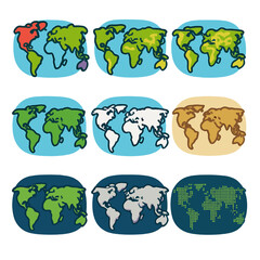 Colorful world map variations highlighting continents and global diversity