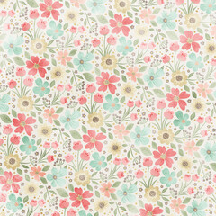 Obraz premium Soft pastel seamless floral pattern with delicate wildflowers and leaves. Light romantic background ideal for fabric prints, stationery, wallpaper, and spring designs.