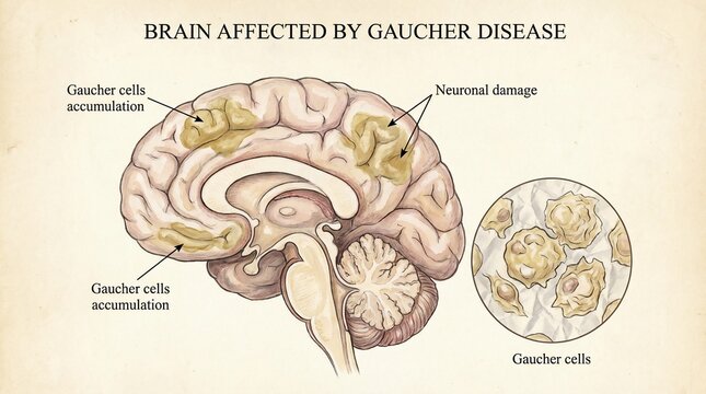 Medical illustration of human brain affected by Gaucher disease