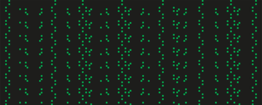 Green digital square dots in vertical columns on dark background. Vector pattern old computer code. Concept of cybersecurity and data encryption