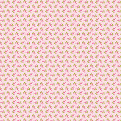 Delicate pastel pink seamless pattern with miniature rose bouquets. Elegant floral background suitable for wedding designs, textiles, stationery, and shabby chic projects.