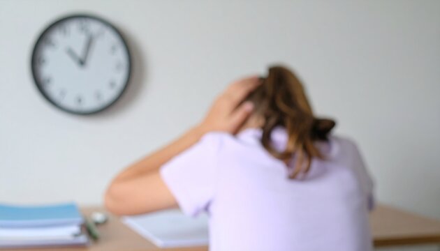 &Uuml;berforderte Sch&uuml;lerin unter Zeitdruck und Schulstress bei den Hausaufgaben