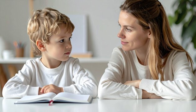 Mutter unterst&uuml;tzt Grundsch&uuml;ler bei Hausaufgaben und Lernproblemen zu Hause