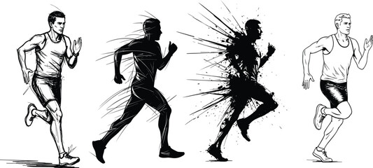 Fototapeta premium Set of running athlete silhouettes in different styles, sketch and ink splatter motion illustrations showing speed, fitness, and dynamic sport action