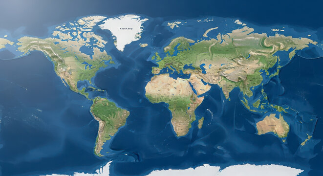 Detailed world map with labeled continents and oceans