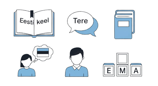 Estonian language learning concept with people and books speech bubble