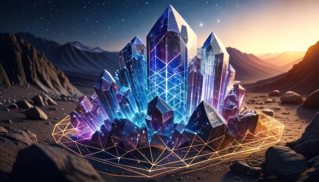 Mystical Crystal Formation in a Desert Landscape at Sunset.