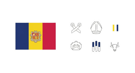 Andorra flag with national symbols coat of arms ski poles bishop's mitre