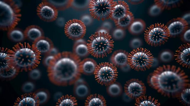Close-up of virus particles in motion, illustrating the microscopic world of pathogens and their impact on health and disease