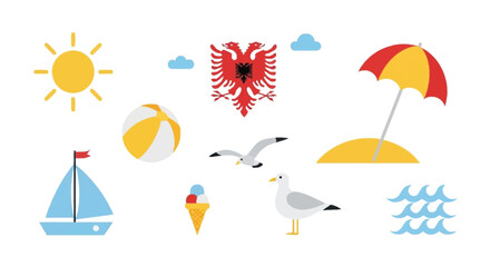 Beach with Albanian flag sun umbrella sailboat seagulls