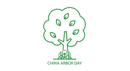 Green tree with people planting sapling China Arbor Day