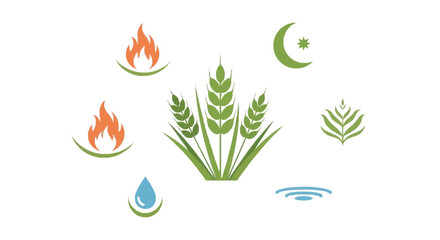 Green wheat stalks with flames water drop crescent moon star and fern on white