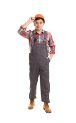 Naklejka premium Professional builder wearing hardhat on white background