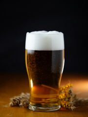 Light beer glass on a wooden table. Foam cap