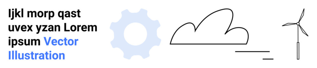 Renewable energy, sustainability, green energy, environmental conservation, technology, eco-friendly initiatives. Minimalist illustration of gear, wind turbine cloud shapes. Renewable energy