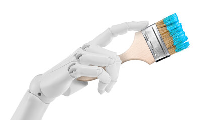 Robotic hand holding paintbrush on white background. Artificial intelligence in creative art