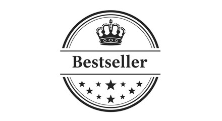 Bestseller Round Badge with Crown and Stars, Premium Quality Emblem on Isolated White Background