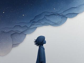 Dreamy paper cut night sky with layered clouds and child silhouette