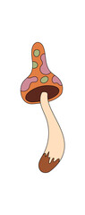 Groovy psychedelic mushroom sticker in retro cartoon graphic style. Magic shroom as a groovy element with trippy and colorful y2k vibe. Playful art for fantasy illustration and vintage projects.