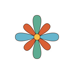 Groovy retro sticker daisy flower in colorful cute style. Vintage chamomile with y2k graphic, groovy element and natural appeal. Fun nature symbol for trendy pop and boho art.