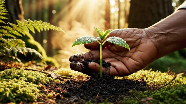 A close-up shot of a dark-skinned hand planting a seedling in a mossy environment