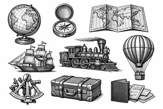 Vintage exploration: globe, compass, map, ship, train, balloon, luggage, passport