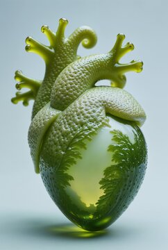 Conceptual green heart made of seaweed and algae, eco-friendly organic life concept