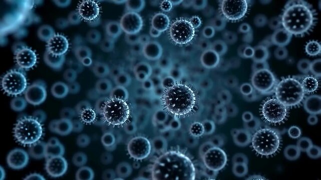 Microscopic view of floating viruses in a dark environment. Visual representation of pathogens and their potential impact on health and safety
