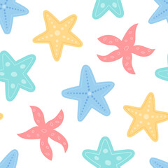 Seamless underwater starfish pattern in flat cartoon graphic style. Marine aquatic shapes and starfish create an ocean background. Perfect for sea decor and summer designs.