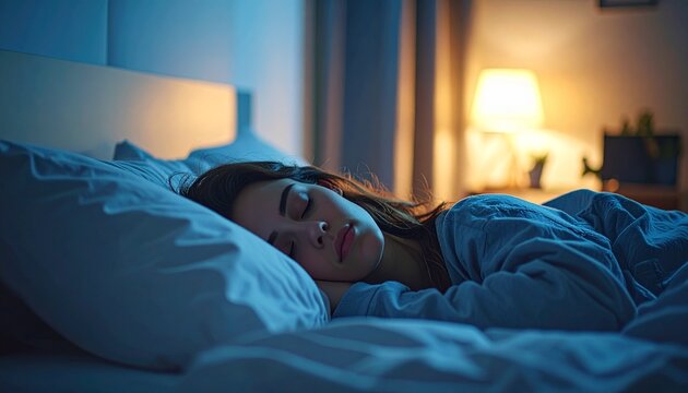 Woman peacefully sleeping in her bed at night.