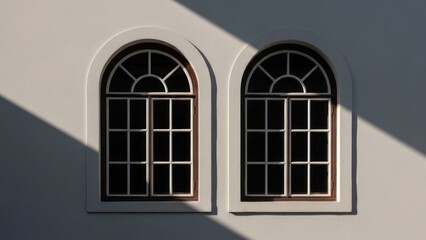 Fototapeta premium Two arched windows with ornate dividers, casting shadows on a pale exterior wall