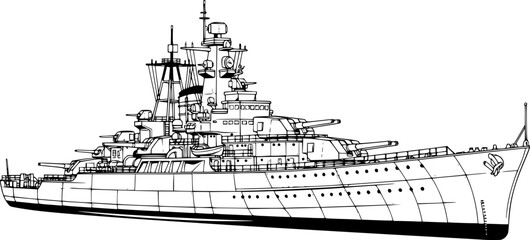 Obraz premium Military battleship silhouette with naval cannons and radar mast for maritime combat and defense – Black and White Vector Illustration