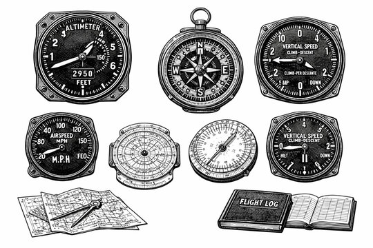 Vintage aviation instruments and maps illustration featuring altimeter, compass, flight log