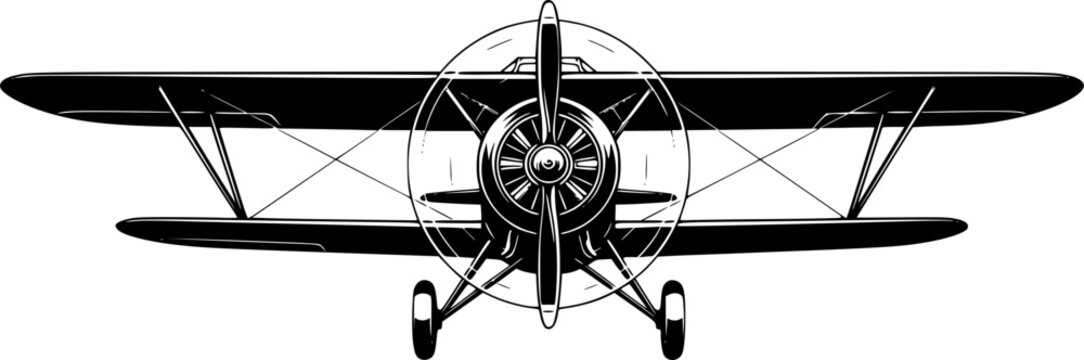 Vintage biplane silhouette with front view propeller and double wing structure for retro aviation and classic flight &ndash; Black and White Vector Illustration