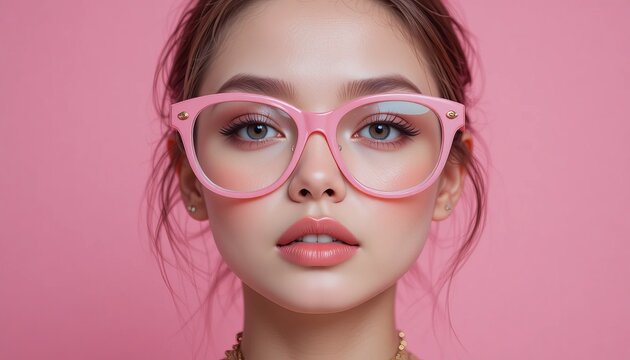 Stunning young woman with pink glasses and bold makeup looks directly at camera