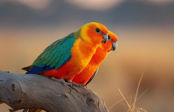 Two vibrant parrots perched on a tree branch in a serene natural setting video