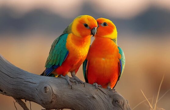 Two vibrant parrots perched on a branch in a natural outdoor setting video