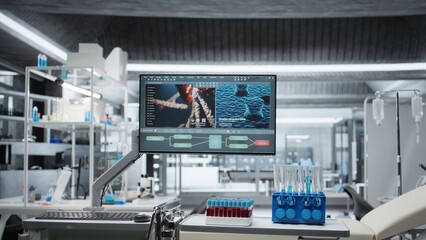 Empty clinical laboratory with advanced technology and sterile surfaces ready for testing, data...