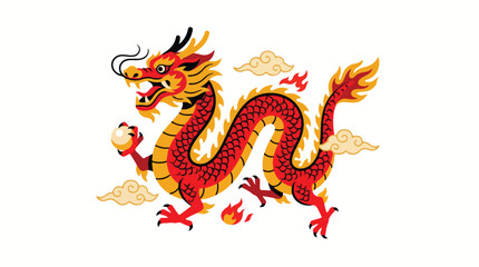 A vibrant red and orange dragon with yellow accents and black details, depicted in a dynamic pose with clouds and flames on a white background.