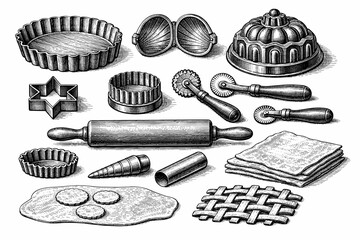 Vintage baking utensils and tools collection in black and white
