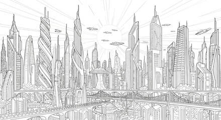Fototapeta premium Detailed futuristic city skyline line art illustration. Modern architectural landscape with advanced buildings, bridges, flying cars, and a rising sun.