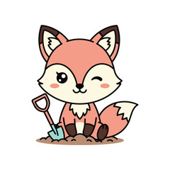 Obraz premium Cute cartoon fox digging with shovel in soil isolated on white background illustration