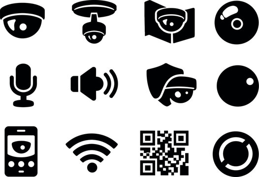  Solid vector icons of indoor surveillance: dome camera, ceiling mount, corner mount, wide angle lens, microphone