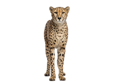 African cheetah standing, front view, isolated on transparent background (PNG)