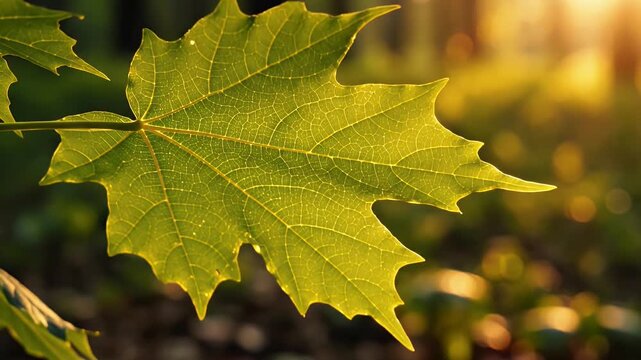 Close-up of a vibrant green maple leaf in the sunlight, natures beauty.