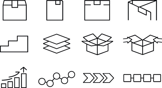  Line style icons of sequential package design: front, side, back, detail; step, layer, fold, unwrap; progression